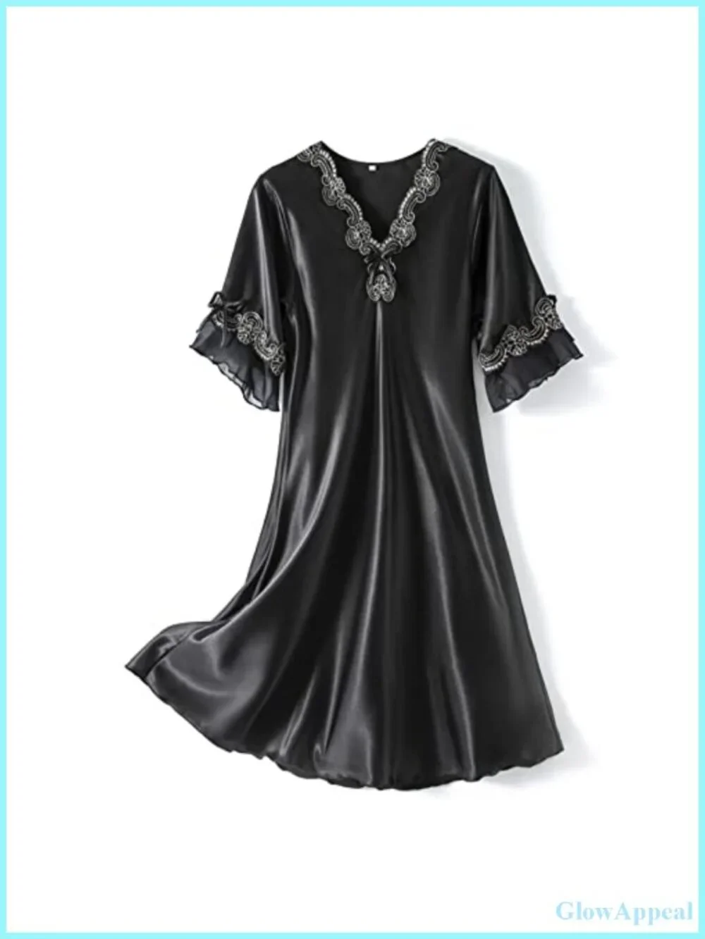 Women's Satin Nightgown Sleepshirt Short Sleeve V-Neck Lace Trim
